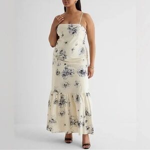 Express NWT Size L Cream White & Blue Floral Cotton Blend Coquette Maxi Dess